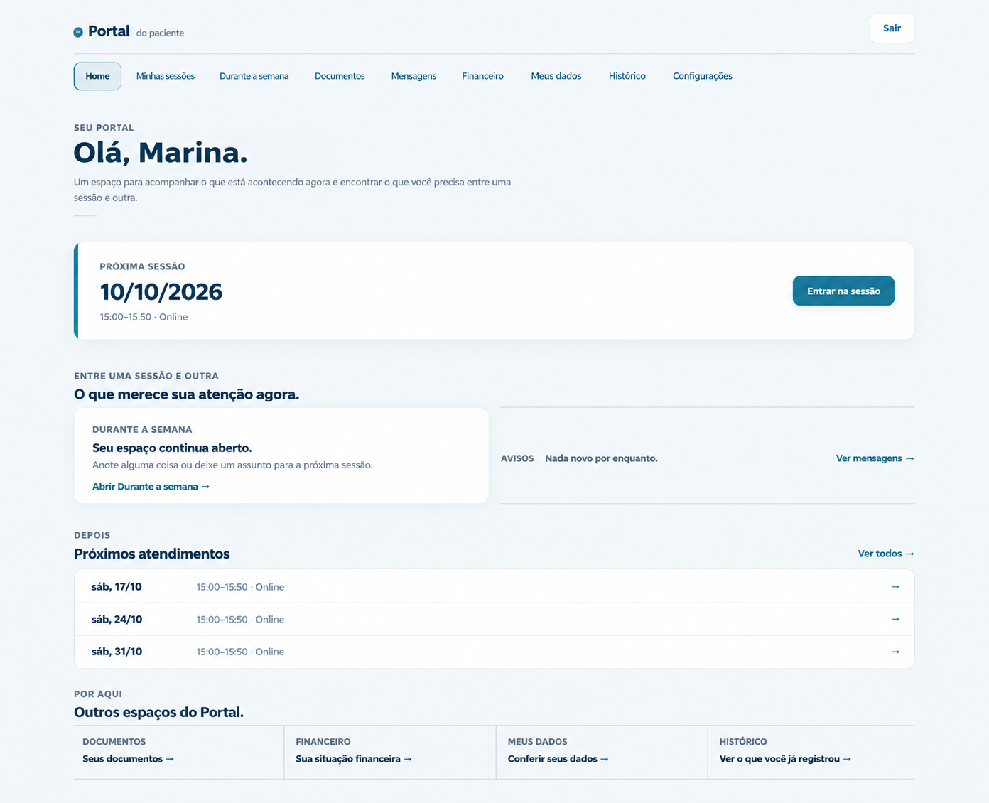 Portal do paciente em tema claro
